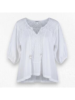 Free People White Floral Lace V Neck Peasant Boho Relaxed Blouse Size Small